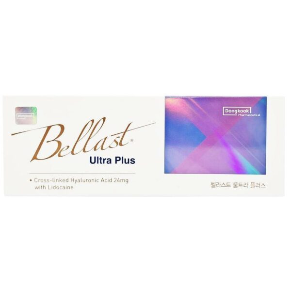 Bellast Ultra Plus -- 24 mg/mL HA with 0.3% lidocaine box packaging. Korean manufactured dermal filler by MJS Medicals.