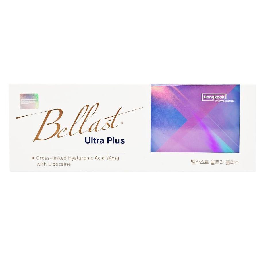 Bellast Ultra Plus -- 24 mg/mL HA with 0.3% lidocaine box packaging. Korean manufactured dermal filler by MJS Medicals.