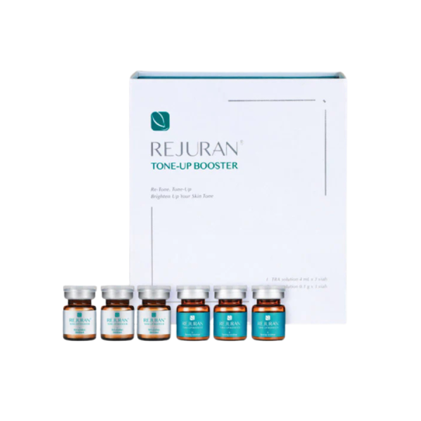 Rejuran Tone-Up Booster 3+3 PDRN Rejuran PN + PDRN brightening/tone-correcting dual-chamber booster on white background