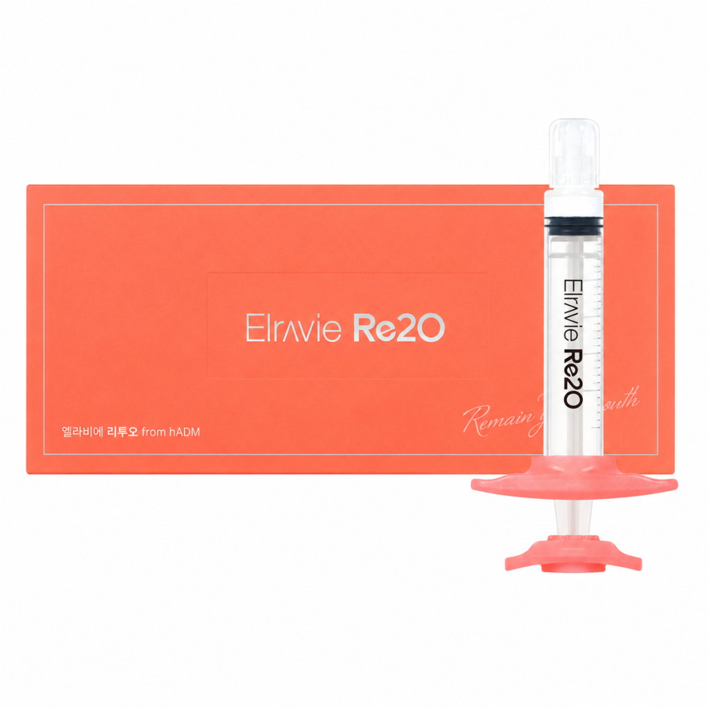 Elravie Re2O 150mg hADM ECM skin booster coral box and pre-filled syringe by Elravie