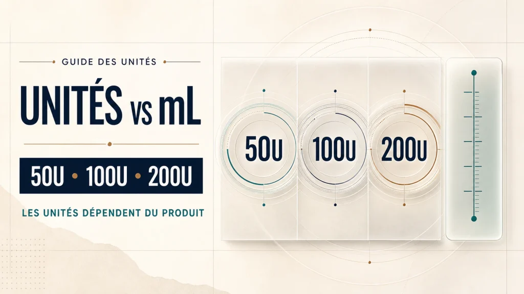 Illustration éditoriale expliquant la différence entre les unités 50U, 100U, 200U et le volume en mL.