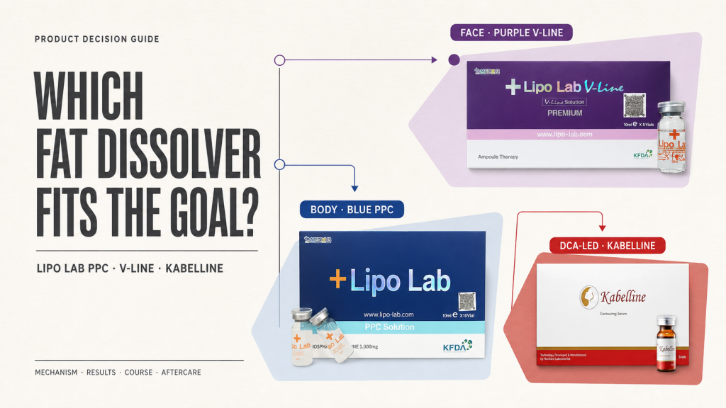 Lipo Lab PPC blue body box, V-Line purple face box and Kabelline fat dissolver comparison