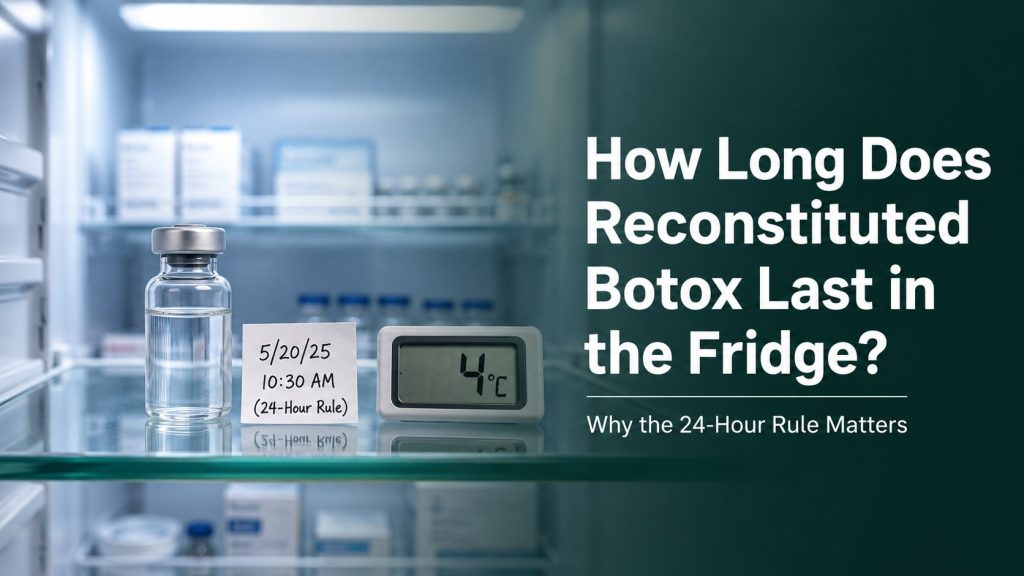 How Long Does Reconstituted Botox Last in the Fridge — reconstituted vial with date label and 4°C thermometer