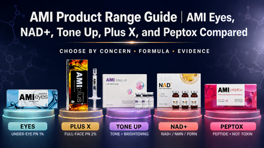 AMI Product Range Guide comparing AMI Eyes, Plus X, Tone Up, NAD+ and Peptox by concern, formula and evidence
