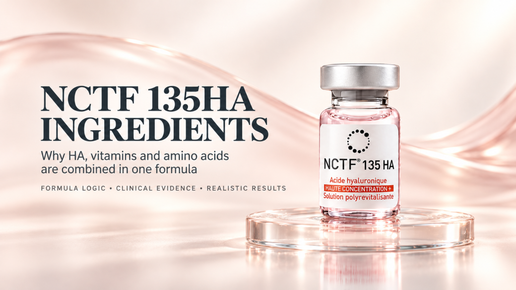 NCTF 135HA ingredient guide showing the real pink NCTF 135HA vial with the title and a restrained hydration-wave background